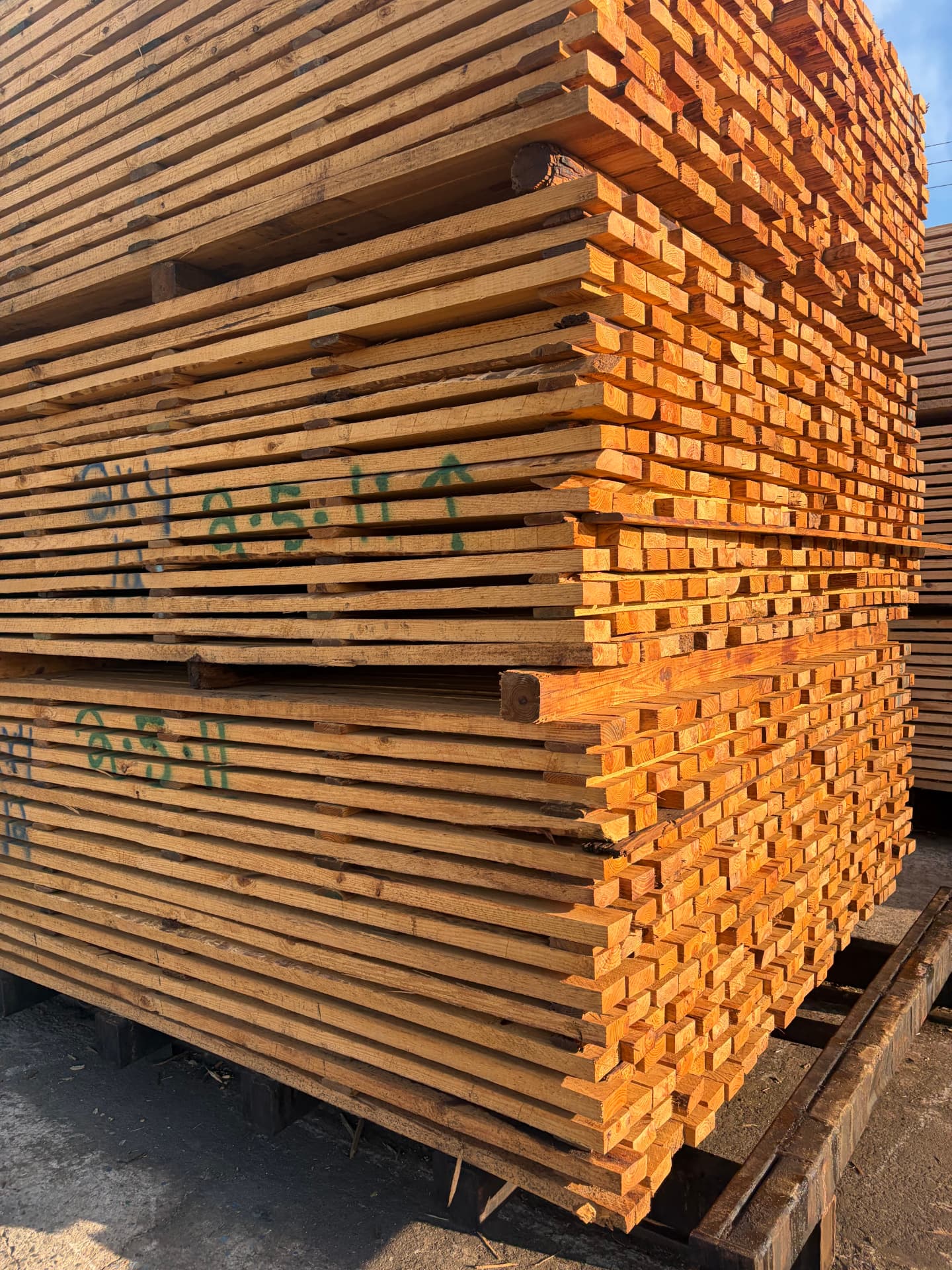 Stickered southern yellow pine lumber package ready for kiln drying